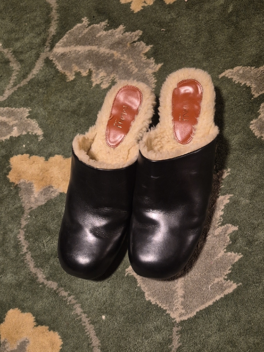 Black Leather Shearling-Lined Slip-On Mules